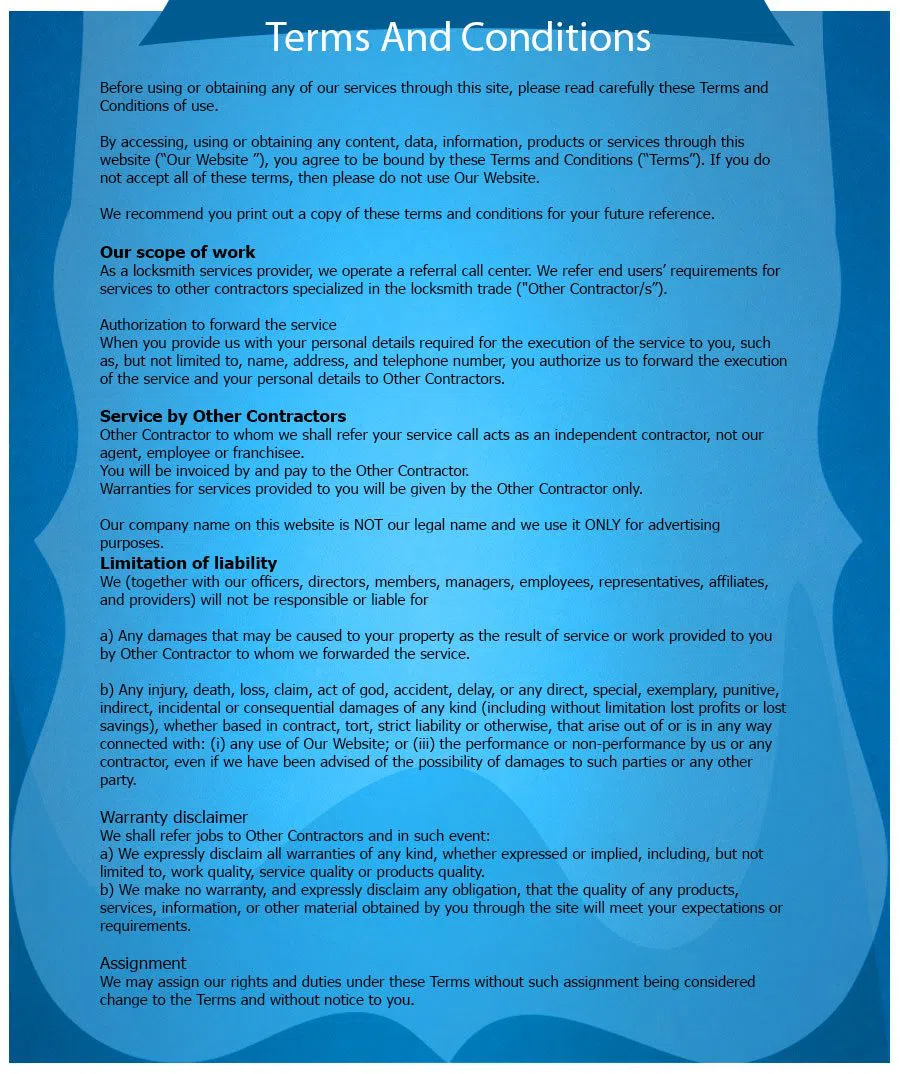 Torrance Locksmith, Torrance, CA 310-955-5858 - TermsAndConditions